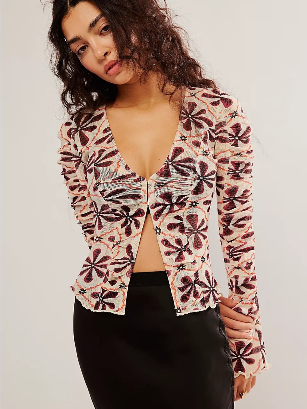 Free People Through the Meadow Sheer Top - Cream & Burgundy Size S